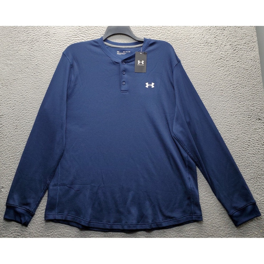 Under Armour Henley Shirt Men 2XL Navy Waffle Knit Loose Fit Stretch Long Sleeve